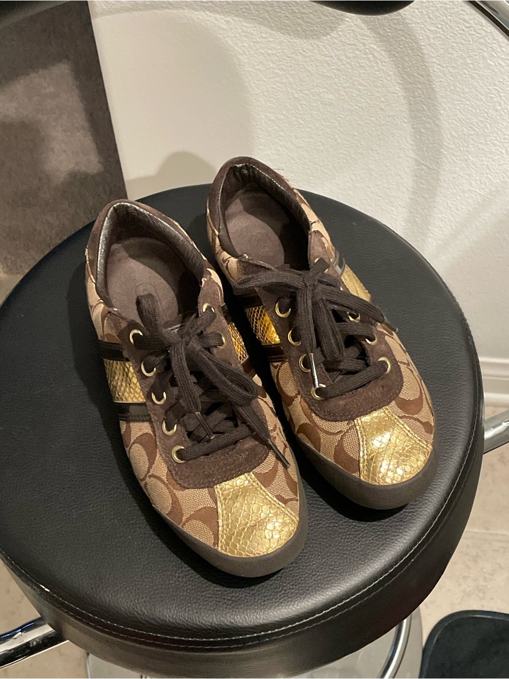Coach Meagan Brown & Gold Logo Lace-Up Sneakers
